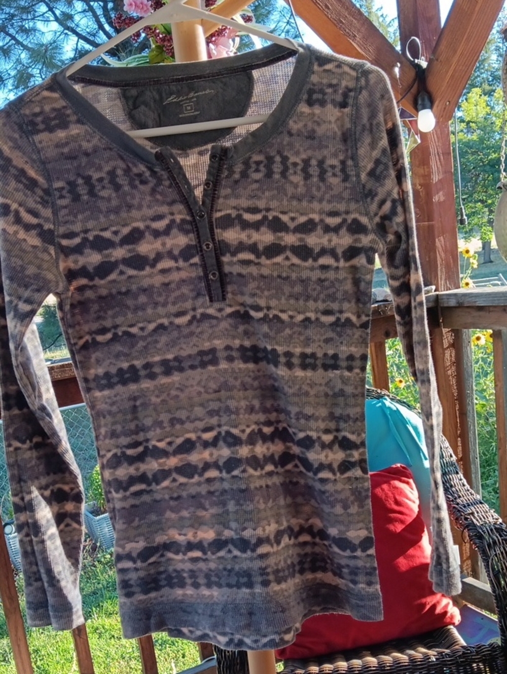 Eddie Bauer Gray Tie-Dye Henley Long-Sleeve Sweater